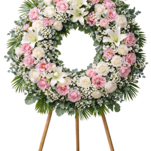 Corona funeraria en tonos blancos y rosados