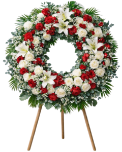 Corona funeraria roja y blanca clásica para tanatorio Alicante | Tomajardín