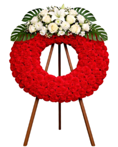 Corona funeraria roja intensa con cabecera blanca para tanatorio Alicante
