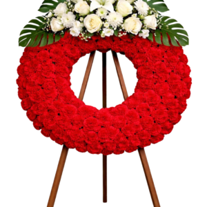 Corona funeraria roja intensa con cabecera blanca