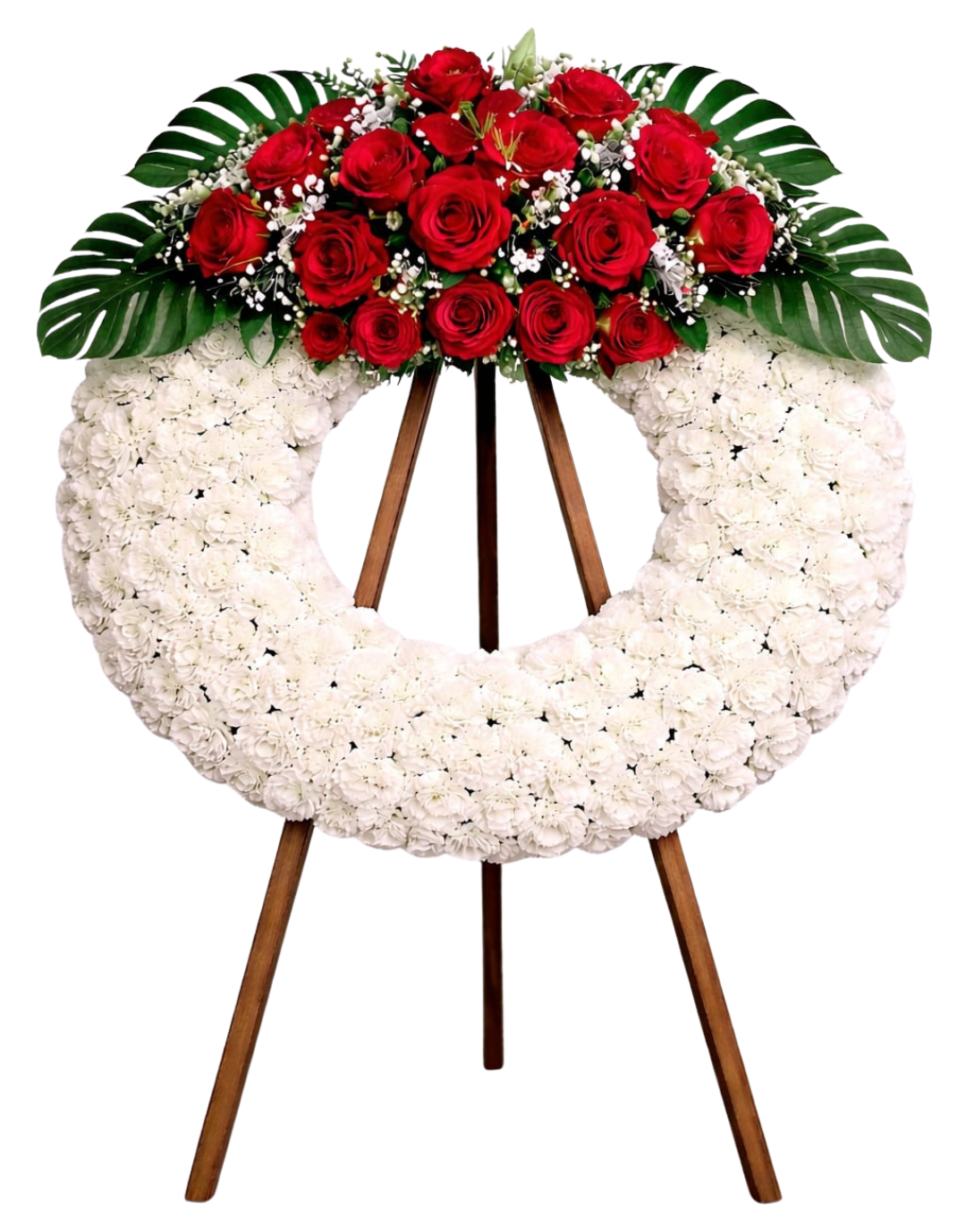 Corona funeraria blanca con cabecera de rosas rojas