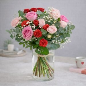 Ramo Dulce Romance (Rosas rosas y rojas con paniculata) Descripción Corta: El equilibrio perfecto entre pasión y ternura. Rosas rojas y rosas envueltas en una nube de paniculata blanca. Un acierto seguro.