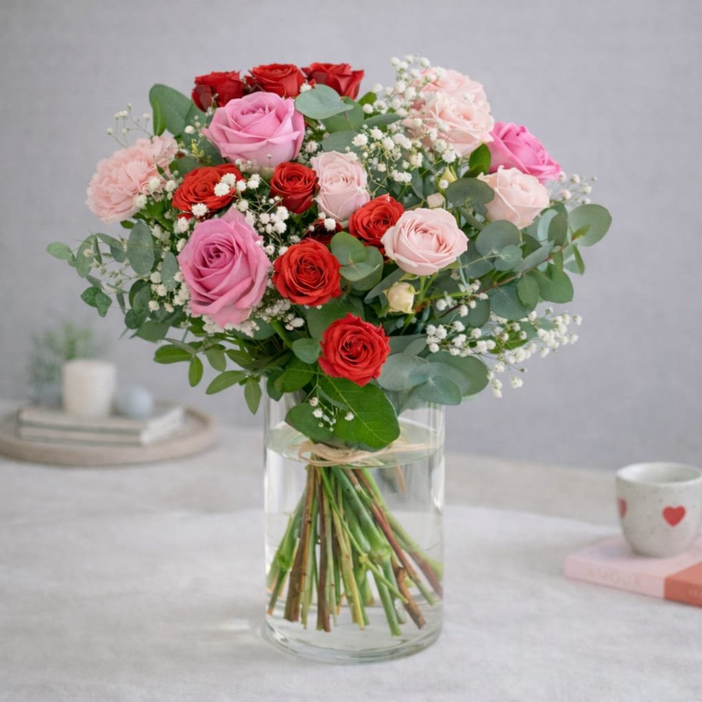 Ramo Dulce Romance (Rosas rosas y rojas con paniculata) Descripción Corta: El equilibrio perfecto entre pasión y ternura. Rosas rojas y rosas envueltas en una nube de paniculata blanca. Un acierto seguro.