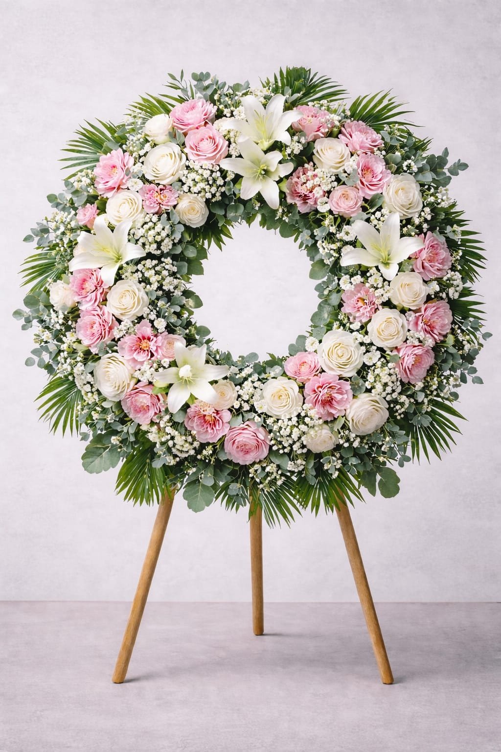 Corona funeraria en tonos blancos y rosados