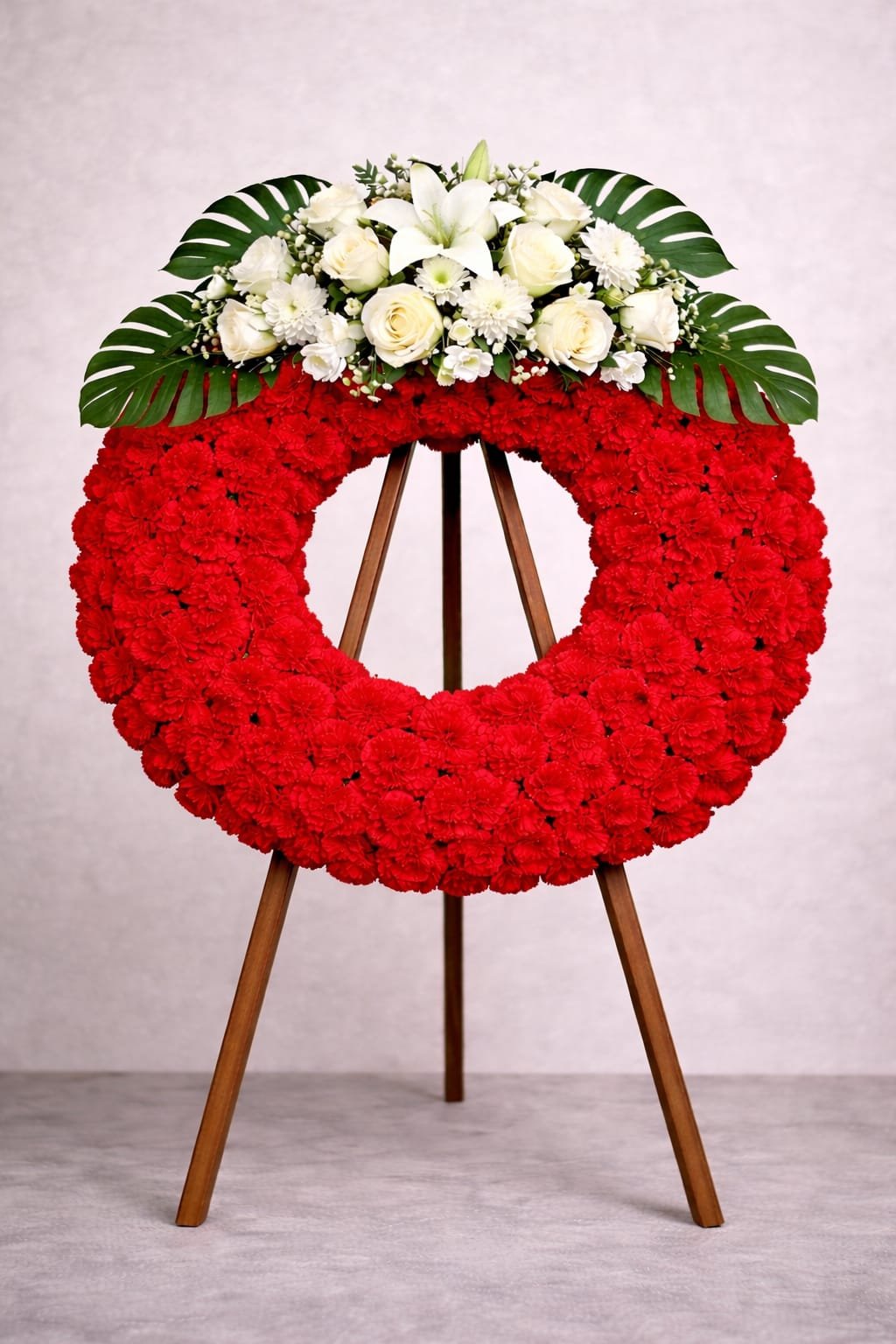 Corona funeraria roja intensa con cabecera blanca