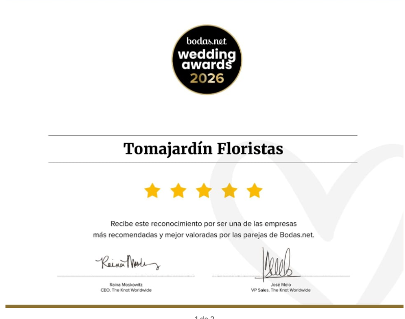 Tomajardín Floristas, floristería para bodas en Alicante, gana el Wedding Awards 2026 de Bodas.net. Descubre por qué las parejas nos recomiendan.